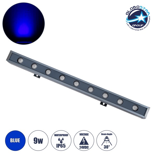 GloboStar® WASHER-NAIA 90175 Μπάρα Φωτισμού Wall Washer LED 9W 900lm 30° DC 24V Αδιάβροχο IP65 Μ50 x Π4 x Υ5cm Μπλε - Γκρι Ανθρακί - 3 Years Warranty