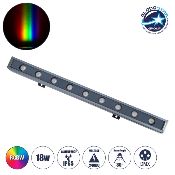GLOBOSTAR® WASHER-NAIA 90177 Μπάρα Φωτισμού Wall Washer LED 18W 1530lm 30° DC 24V Αδιάβροχο IP65 Πολύχρωμο RGBW Dimmable DMX512 - Γκρι Ανθρακί - Μ50 x Π4 x Υ5cm - 3 Χρόνια Εγγύηση