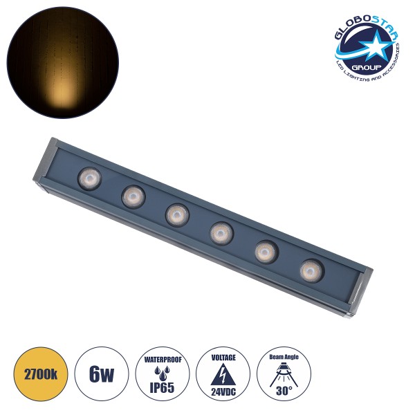 GLOBOSTAR® WASHERVAIA 90179 Μπάρα Φωτισμού Wall Washer LED 6W 660lm 30° DC 24V Αδιάβροχο IP65 Θερμό Λευκό 2700Κ Dimmable - Bridgelux SMD Chip - Γκρι Ανθρακί - Μ30 x Π4 x Υ5cm - 3 Χρόνια Εγγύηση