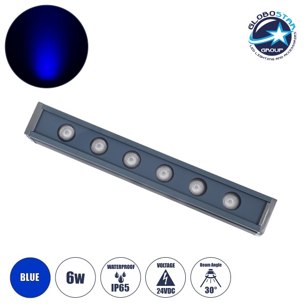 GLOBOSTAR® WASHER-VAIA 90182 Μπάρα Φωτισμού Wall Washer LED 6W 600lm 30° DC 24V Αδιάβροχο IP65 Μπλε Dimmable - Γκρι Ανθρακί - Μ30 x Π4 x Υ5cm - 3 Χρόνια Εγγύηση