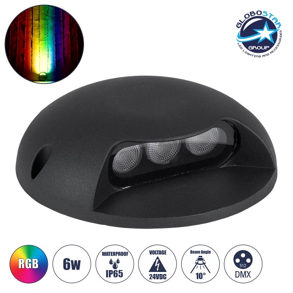 GloboStar® STEP-LUNA 90618 Επιφανειακό Φωτιστικό Σκαλοπατιού - Διαδρόμου LED 6W 600lm 10° DC 24V Αδιάβροχο IP65 Φ12 x Υ3cm Πολύχρωμο RGB DMX512 - Μαύρο - 3 Years Warranty