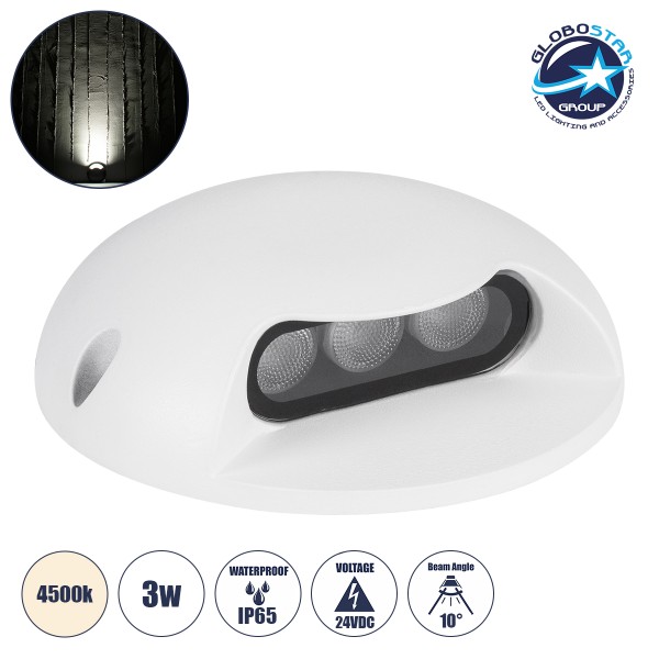GloboStar® STEP-LUNA 90620 Επιφανειακό Φωτιστικό Σκαλοπατιού - Διαδρόμου LED 3W 345lm 10° DC 24V Αδιάβροχο IP65 Φ12 x Υ3cm Φυσικό Λευκό 4500K - Λευκό - 3 Years Warranty