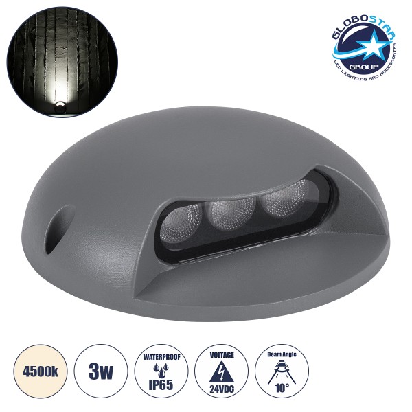 GloboStar® STEP-LUNA 90623 Επιφανειακό Φωτιστικό Σκαλοπατιού - Διαδρόμου LED 3W 345lm 10° DC 24V Αδιάβροχο IP65 Φ12 x Υ3cm Φυσικό Λευκό 4500K - Γκρι Ανθρακί - 3 Χρόνια Εγγύηση