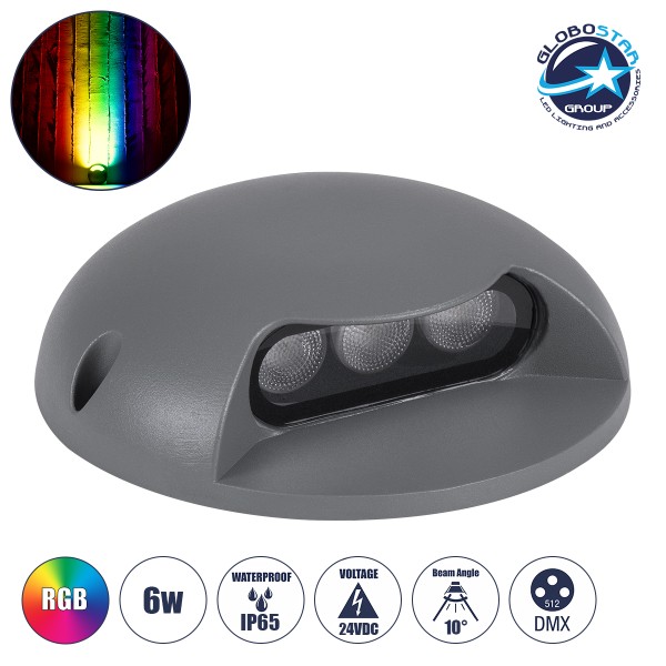 GloboStar® STEP-LUNA 90624 Επιφανειακό Φωτιστικό Σκαλοπατιού - Διαδρόμου LED 6W 600lm 10° DC 24V Αδιάβροχο IP65 Φ12 x Υ3cm Πολύχρωμο RGB DMX512 - Γκρι Ανθρακί - 3 Years Warranty