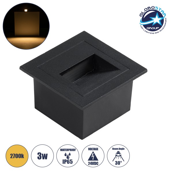 GLOBOSTAR® STEP-MINA 90625 Χωνευτό Αρχιτεκτονικό Φωτιστικό Διαδρόμου/Σκαλοπατιού LED 3W 330lm 30° DC 24V Αδιάβροχο IP65 Θερμό Λευκό 2700K Dimmable - Μαύρο - Μ8.3 x Π8.3 x Υ5cm - 3 Χρόνια Εγγύηση