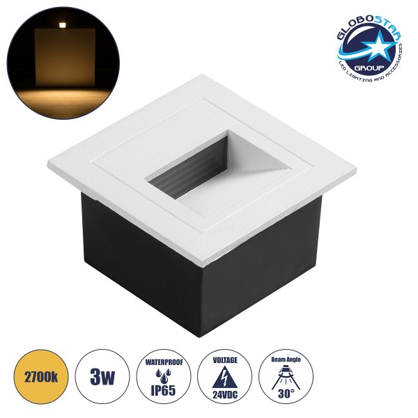 GloboStar® STEP-MINA 90626 Χωνευτό Φωτιστικό Σκαλοπατιού - Διαδρόμου LED 3W 330lm 30° DC 24V Αδιάβροχο IP65 Μ8.3 x Π8.3 x Υ5cm Θερμό Λευκό 2700K - Λευκό - 3 Years Warranty