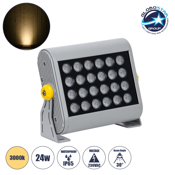 GLOBOSTAR® FLOOD-HENA 90638 Προβολέας Σποτ Wall Washer LED 24W 2160lm 30° AC 220-240V Αδιάβροχο IP65 Θερμό Λευκό 3000K - Ασημί - Μ22.5 x Π6 x Υ16.5cm - 3 Χρόνια Εγγύηση