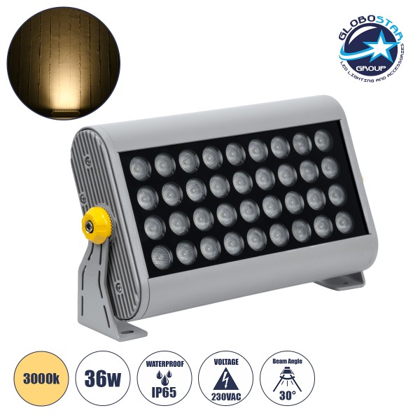 GloboStar® FLOOD-HENA 90639 Προβολέας Wall Washer για Φωτισμό Κτιρίων LED 36W 3240lm 30° AC 220-240V Αδιάβροχο IP65 Μ30 x Π6 x Υ17cm Θερμό Λευκό 3000K - Ασημί - 3 Years Warranty