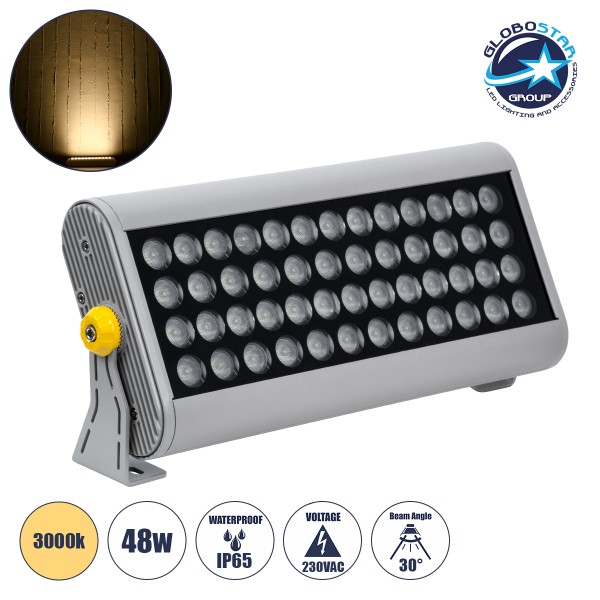 GloboStar® FLOOD-HENA 90640 Προβολέας Wall Washer για Φωτισμό Κτιρίων LED 48W 4320lm 30° AC 220-240V Αδιάβροχο IP65 Μ39 x Π6 x Υ17cm Θερμό Λευκό 3000K - Ασημί - 3 Years Warranty
