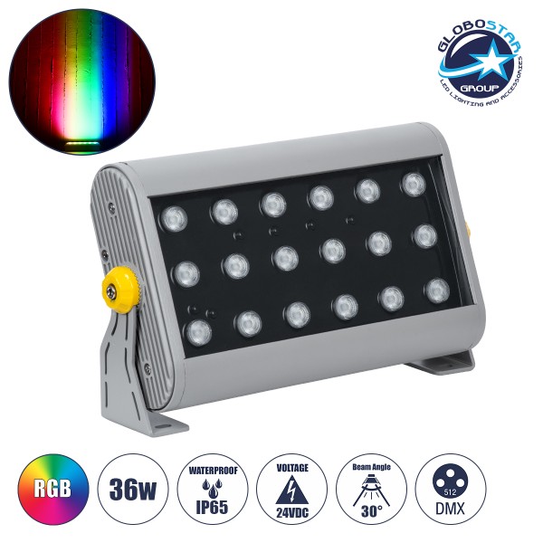 GLOBOSTAR® FLOOD-HENA 90642 Προβολέας Σποτ Wall Washer LED 36W 3600lm 30° DC 24V Αδιάβροχο IP65 RGB DMX512 Dimmable - Ασημί - Μ30 x Π6 x Υ17cm - 3 Χρόνια Εγγύηση