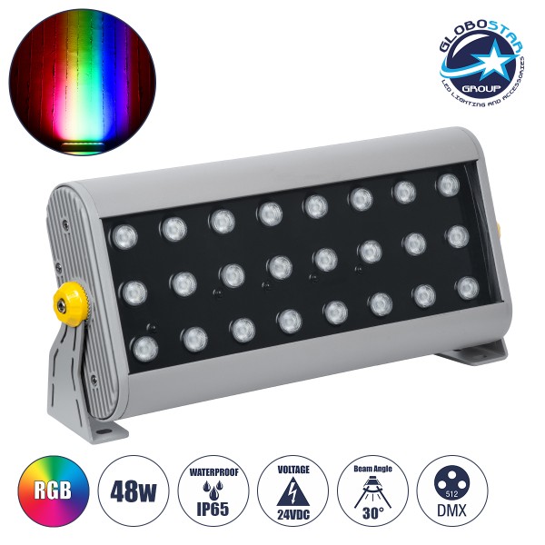 GloboStar® FLOOD-HENA 90643 Προβολέας Wall Washer για Φωτισμό Κτιρίων LED 48W 4800lm 30° DC 24V Αδιάβροχο IP65 Μ39 x Π6 x Υ17cm Πολύχρωμο RGB DMX512 - Ασημί - 3 Years Warranty