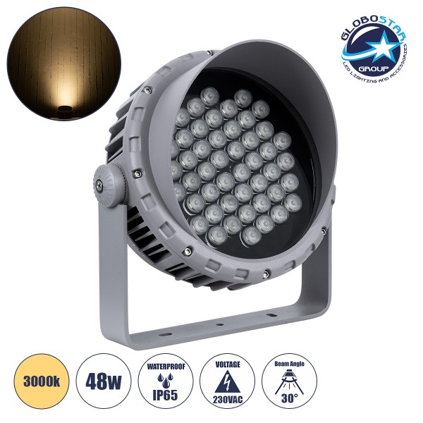 GloboStar® FLOOD-MENA 90646 Προβολέας Wall Washer με Αντιθαμβωτική Γρίλια για Φωτισμό Κτιρίων LED 48W 4320lm 30° AC 220-240V Αδιάβροχο IP65 Φ25 x Υ18cm Θερμό Λευκό 3000K - Ασημί - 3 Years Warranty