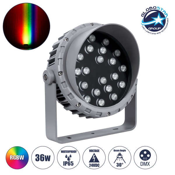 GloboStar® FLOOD-MENA 90648 Προβολέας Wall Washer με Αντιθαμβωτική Γρίλια για Φωτισμό Κτιρίων LED 36W 3060lm 30° DC 24V Αδιάβροχο IP65 Φ23 x Υ18cm Πολύχρωμο RGBW DMX512 - Ασημί - 3 Years Warranty