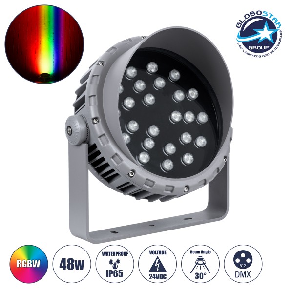 GloboStar® FLOOD-MENA 90649 Προβολέας Wall Washer με Αντιθαμβωτική Γρίλια για Φωτισμό Κτιρίων LED 48W 4080lm 30° DC 24V Αδιάβροχο IP65 Φ25 x Υ18cm Πολύχρωμο RGBW DMX512 - Ασημί - 3 Years Warranty