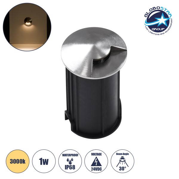 GloboStar® UNDERGROUND-RENA 90660 Χωνευτό Φωτιστικό Σποτ Δαπέδου One Sided LED 1W 110lm 30° DC 24V Αδιάβροχο IP68 Φ5 x Υ9cm Θερμό Λευκό 3000K - Ανοξείδωτο Ατσάλι - 3 Χρόνια Εγγύηση