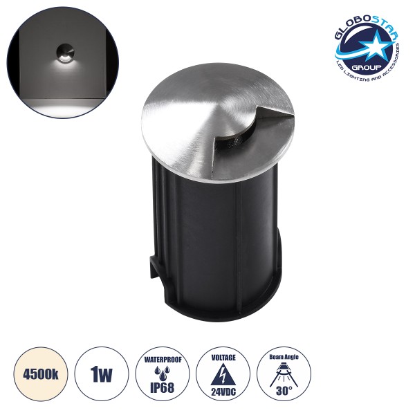 GloboStar® UNDERGROUND-RENA 90661 Χωνευτό Φωτιστικό Σποτ Δαπέδου One Sided LED 1W 115lm 30° DC 24V Αδιάβροχο IP68 Φ5 x Υ9cm Φυσικό Λευκό 4500K - Ανοξείδωτο Ατσάλι - 3 Χρόνια Εγγύηση