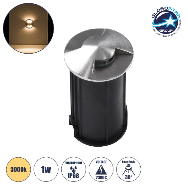 GloboStar® UNDERGROUND-RENA 90662 Χωνευτό Φωτιστικό Σποτ Δαπέδου Two Sided LED 1W 110lm 30° DC 24V Αδιάβροχο IP68 Φ5 x Υ9cm Θερμό Λευκό 3000K - Ανοξείδωτο Ατσάλι - 3 Χρόνια Εγγύηση