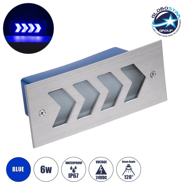 GloboStar® WALLLIGHT-ARINA 90673 Χωνευτό Φωτιστικό Τοίχου LED 6W 600lm 120° DC 24V Αδιάβροχο IP67 Μ17 x Π7 x Υ5.5cm Μπλε - Ανοξείδωτο Ατσάλι - 3 Years Warranty