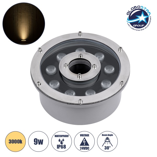 GloboStar® UNDERWATER-FINA 90674 Υποβρύχιο Φωτιστικό Σποτ Ειδικό για Σιντριβάνια LED 9W 990lm 30° DC 24V Αδιάβροχο IP68 Φ16 x Υ8cm Θερμό Λευκό 3000K - Ανοξείδωτο Ατσάλι - 3 Years Warranty