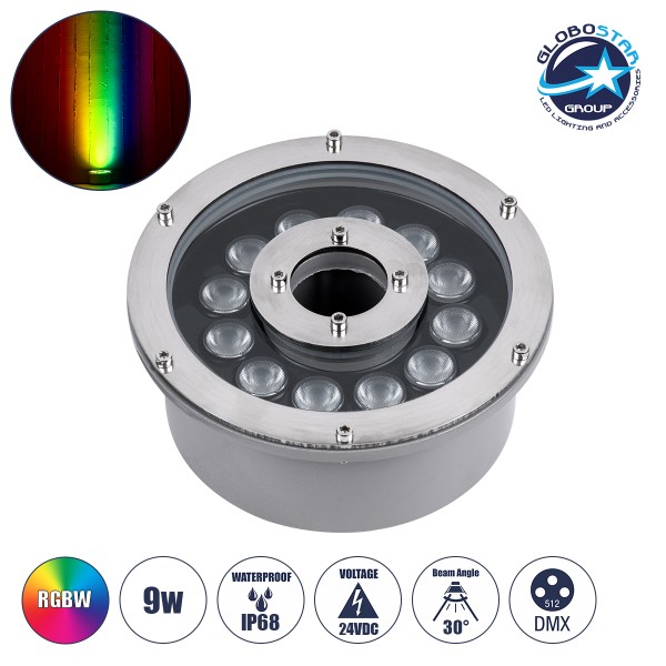 GloboStar® UNDERWATER-FINA 90675 Υποβρύχιο Φωτιστικό Σποτ Ειδικό για Σιντριβάνια LED 9W 945lm 30° DC 24V Αδιάβροχο IP68 Φ16 x Υ8cm Πολύχρωμο RGBW DMX512 - Ανοξείδωτο Ατσάλι - 3 Χρόνια Εγγύηση