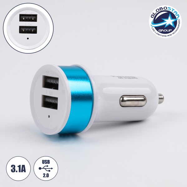 Globostar® S-90989 Μπλε Φορτιστής Αυτοκινήτου DC 12-24V με 2 Εξόδους USB DC 5V 1.0Α & 2.1A