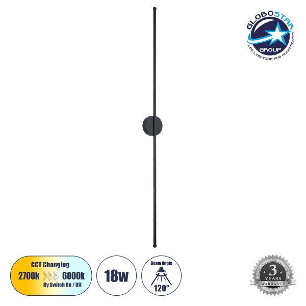 GloboStar® DIADEM 61333 Φωτιστικό Τοίχου - Απλίκα Design LED CCT 18W 2160lm 120° AC 220-240V - Εναλλαγή Φωτισμού μέσω Διακόπτη On/Off All In One Ψυχρό 6000k+Φυσικό 4500k+Θερμό 2700k Μ10 x Π4 x Υ120cm - Μαύρο - 3 Years Warranty