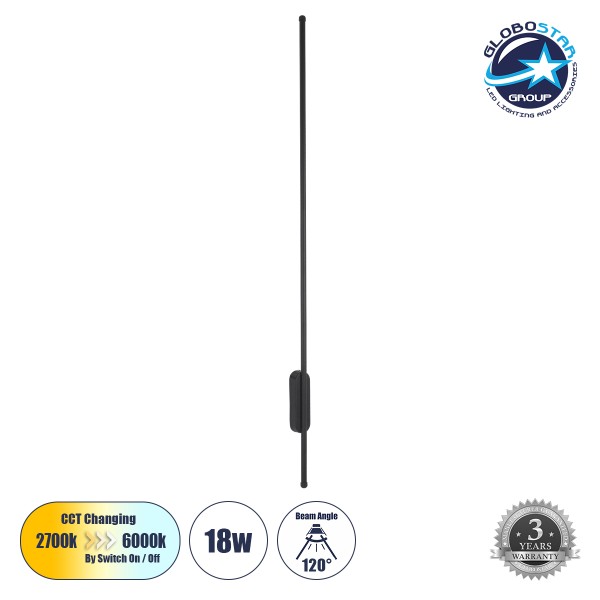 GLOBOSTAR® HARLEM 61335 Μοντέρνο Φωτιστικό Τοίχου - Απλίκα LED 18W 2160lm 120° AC 220-240V IP20 Ρυθμιζόμενο Λευκό CCT με On/Off 2700K/4500K/6000K - Lumileds SMD Chip - Μαύρο Ματ - Μ5 x Π4 x Υ120cm - 3 Χρόνια Εγγύηση