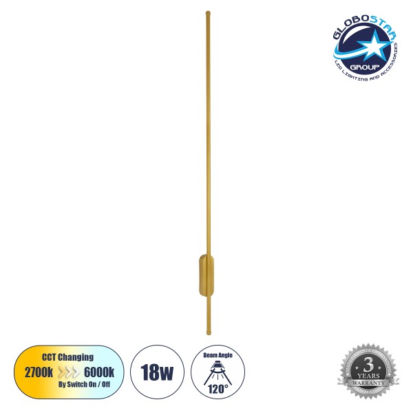 GLOBOSTAR® HARLEM 61336 Μοντέρνο Φωτιστικό Τοίχου - Απλίκα LED 18W 2160lm 120° AC 220-240V IP20 Ρυθμιζόμενο Λευκό CCT με On/Off 2700K/4500K/6000K - Lumileds SMD Chip - Χρυσό Βούρτσας - Μ5 x Π4 x Υ120cm - 3 Χρόνια Εγγύηση