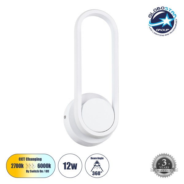 GLOBOSTAR® DALLAS 61346 Μοντέρνο Φωτιστικό Τοίχου - Απλίκα LED 12W 1440lm 360° AC 220-240V IP20 Ρυθμιζόμενο Λευκό CCT με On/Off 2700K/4500K/6000K - Lumileds SMD Chip - Λευκό Ματ - Μ12 x Π6.5 x Υ32cm - 3 Χρόνια Εγγύηση