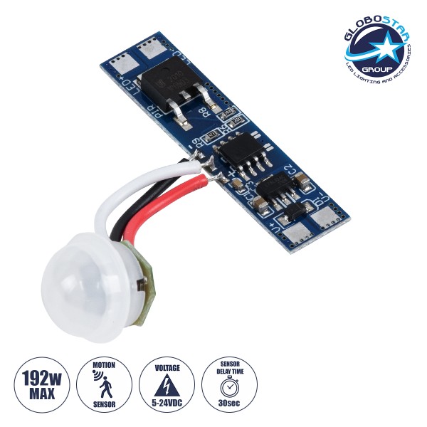 GloboStar® SENSOR-PROFILE 70692 Mini PIR Ανιχνευτής-Αισθητήρας Κίνησης Modular για Προφίλ Αλουμινίου - DC 5-24V 1 x 8A 192W - Max 8A 192W - IP20 - Γωνία Ανίχνευσης 180° & Απόσταση Ανίχνευσης 3 Μέτρα με 30 Sec Χρόνο Αναμονής -  Μ4.3 x Π1 x Υ1.5cm - 2 Χρόνι