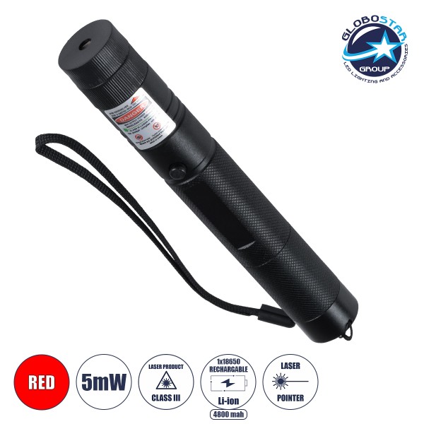 GloboStar® 78996 Φορητό Επαναφορτιζόμενο Laser Pointer 5Mw Class 3 DOT Zoom με Extra Κεφαλή για Dot Effects με Μπαταρία 18650 Li-ion 4800mAh & Φορτιστή - Κόκκινο 650nm Φ2.2 x Υ15cm