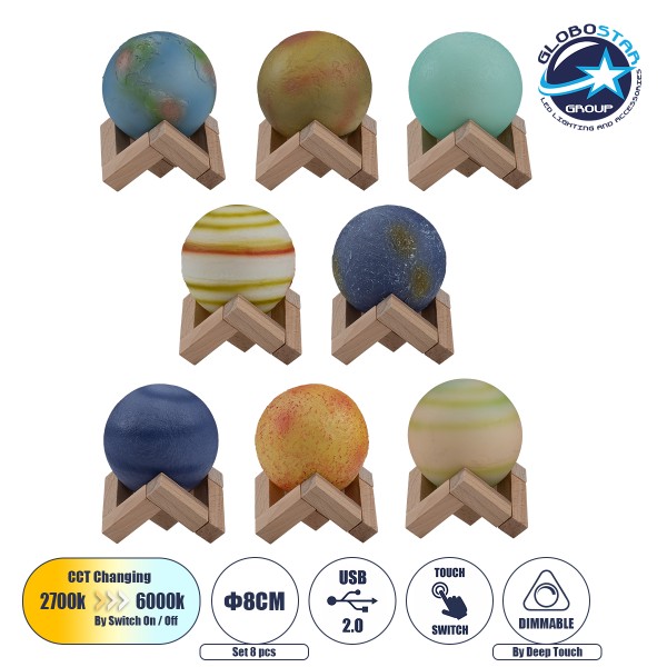 GloboStar® MOON 79609 Επιτραπέζιο Φωτιστικό Πορτατίφ LED 2W 120lm 360° DC 5V IP20 CCT Θερμό Λευκό 2700K - Φυσικό Λευκό 4500K - Ψυχρό Λευκό 6000K Dimmable Πολύχρωμο Πλαστικό με Μπεζ Ξύλο - Μ8 x Π8 x Υ11cm - ΣΕΤ 8 Τεμαχίων - 2 Xρόνια Εγγύηση