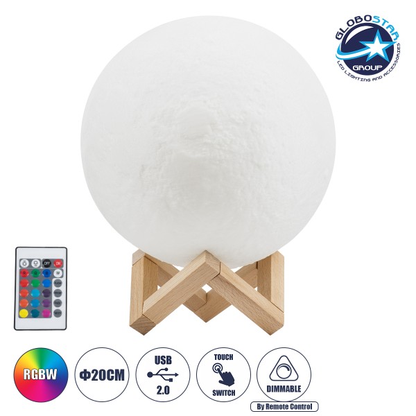 GloboStar® MOON 79620 Μοντέρνο Επιτραπέζιο Φωτιστικό Πορτατίφ LED 6W 360lm 360° DC 5V - Εναλλαγή Φωτισμού μέσω Τηλεχειριστηρίου - Dimmable - RGBW - Φ20 x Υ25 - Λευκό