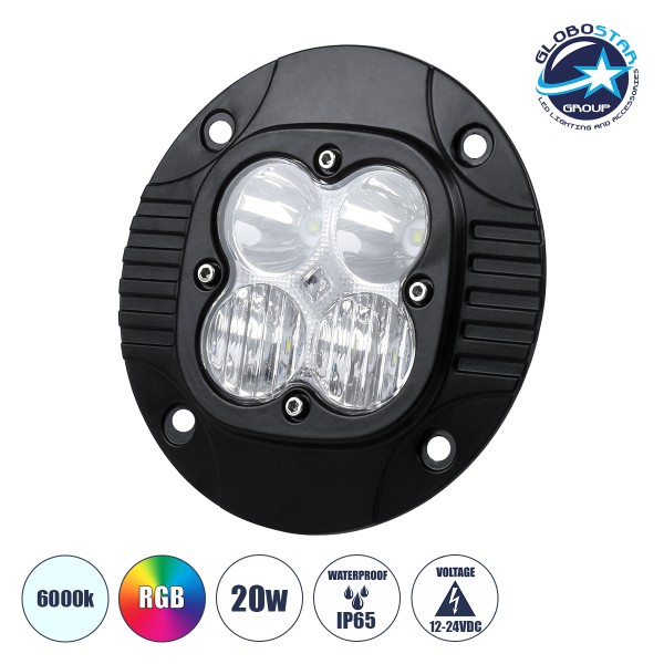 GloboStar® 85444 PRO Series Χωνευτός Προβολέας Εργασίας - Φώτα Ημέρας - Working Light - DRL για Αυτοκίνητα & Φορτηγά LED CREE XBD 20W 2000lm DC 10-30V Αδιάβροχο IP65 Ψυχρό Λευκό 6000K & RGB