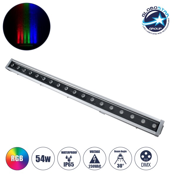 GloboStar® WASHER-DAIA S-90995 Μπάρα Φωτισμού Wall Washer LED 54W 5400lm 30° AC 230V Αδιάβροχο IP65 Μ100 x Π7.5 x Υ7cm Πολύχρωμο RGB DMX512 Display on Body - Ασημί