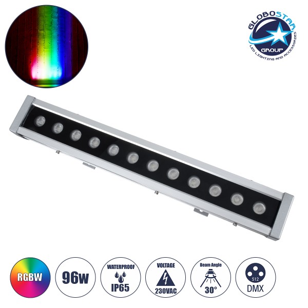 GloboStar® WASHER-DAIA S-90997 Μπάρα Φωτισμού Wall Washer LED 96W 10080lm 30° AC 230V Αδιάβροχο IP65 Μ52 x Π7.5 x Υ7cm Πολύχρωμο 4in1 RGBW DMX512 Display on Body - Ασημί