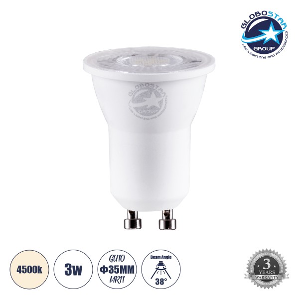 GloboStar® 60112 Σποτ LED GU10 MR11 3W 315lm 38° AC 220-240V IP20 Φ3.5 x Υ4cm Φυσικό Λευκό 4500K - 3 Years Warranty