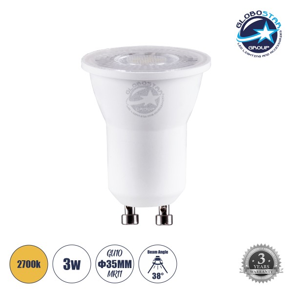 GloboStar® 60113 Σποτ LED GU10 MR11 3W 300lm 38° AC 220-240V IP20 Φ3.5 x Υ4cm Θερμό Λευκό 2700K - 3 Years Warranty