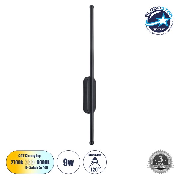 GLOBOSTAR® HARLEM 61331 Μοντέρνο Φωτιστικό Τοίχου - Απλίκα LED 9W 1080lm 120° AC 220-240V IP20 Ρυθμιζόμενο Λευκό CCT με On/Off 2700K/4500K/6000K - Lumileds SMD Chip - Μαύρο Ματ - Μ5 x Π4 x Υ60cm - 3 Χρόνια Εγγύηση