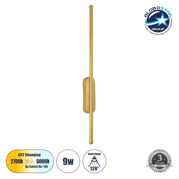 GLOBOSTAR® HARLEM 61332 Μοντέρνο Φωτιστικό Τοίχου - Απλίκα LED 9W 1080lm 120° AC 220-240V IP20 Ρυθμιζόμενο Λευκό CCT με On/Off 2700K/4500K/6000K - Lumileds SMD Chip - Χρυσό Βούρτσας - Μ5 x Π4 x Υ60cm - 3 Χρόνια Εγγύηση