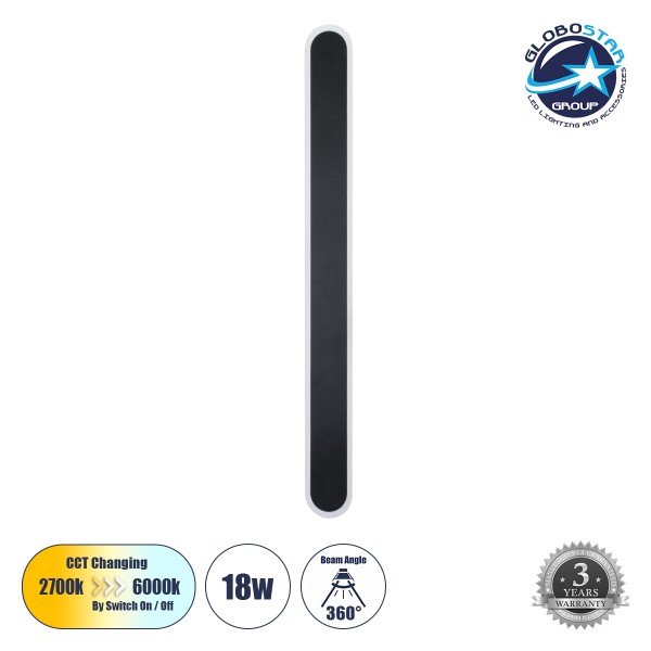 GloboStar® HOUSTON 61347 Φωτιστικό Τοίχου - Απλίκα Design LED CCT 18W 2160lm 360° AC 220-240V - Εναλλαγή Φωτισμού μέσω Διακόπτη On/Off All In One Ψυχρό 6000k+Φυσικό 4500k+Θερμό 2700k Μ6 x Π3 x Υ60cm - Μαύρο - 3 Years Warranty