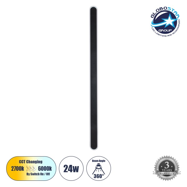 GLOBOSTAR® HOUSTON 61349 Μοντέρνο Φωτιστικό Τοίχου - Απλίκα LED 24W 2880lm 360° AC 220-240V IP20 Ρυθμιζόμενο Λευκό CCT με On/Off 2700K/4500K/6000K - Lumileds SMD Chip - Μαύρο Ματ - Μ6 x Π3 x Υ100cm - 3 Χρόνια Εγγύηση