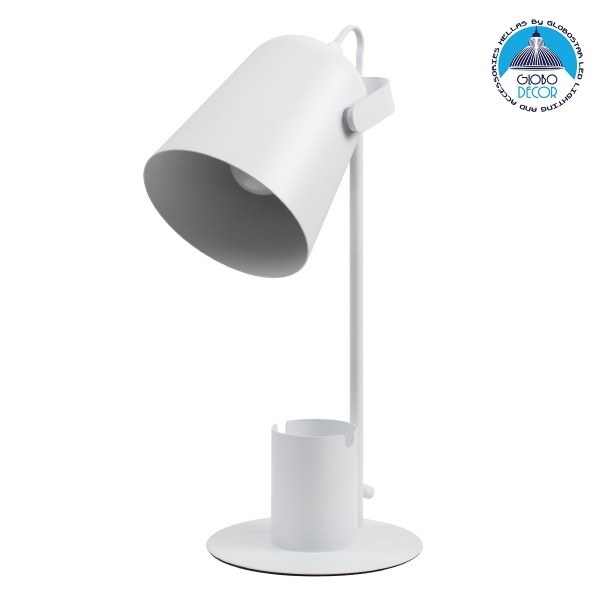 GloboStar® PENCASE 61564 Μοντέρνο Επιτραπέζιο Φωτιστικό Γραφείου - Πορτατίφ - Μονόφωτο 1 x E27 Λευκό Μεταλλικό Καμπάνα με Διακόπτη On/Off - Μολυβοθήκη & Βάση Τηλεφώνου - L12 x W15 x H38cm