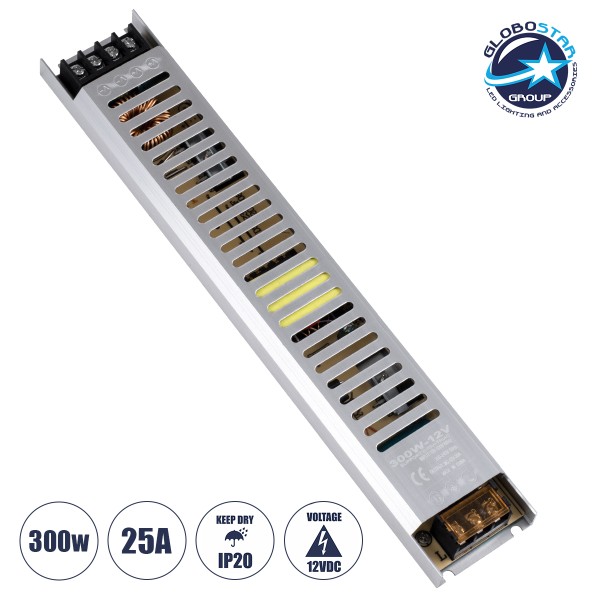 GloboStar® 73029 Μεταλλικό Τροφοδοτικό PELV Ultra Slim για Προϊόντα LED 300W 25A - AC 220-240V σε DC 12V - IP20 L31 x W5.4 x H2.3cm - 3 Χρόνια Εγγύηση