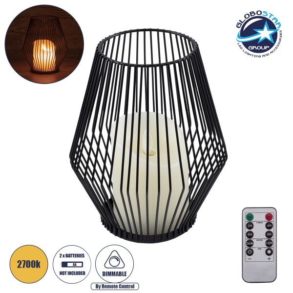 GloboStar® CANDLE 76494 Διακοσμητικό Realistic Κερί με LED Εφέ Κινούμενης Φλόγας - Μπαταρίας 2 x AA (Δεν Συμπεριλαμβάνονται) & Ασύρματο Χειριστήριο IR Θερμό Λευκό 2700K Dimmable Μαύρο Φ16 x Υ18cm