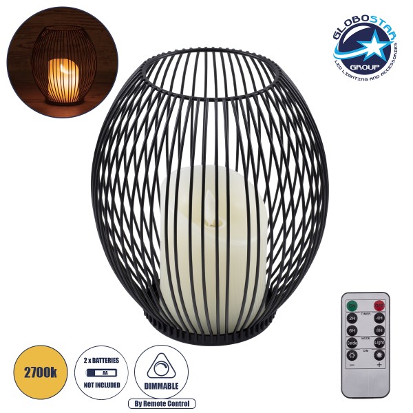 GloboStar® CADLE 76496 Διακοσμητικό Realistic Κερί με LED Εφέ Κινούμενης Φλόγας - Μπαταρίας 2 x AA (Δεν Συμπεριλαμβάνονται) & Ασύρματο Χειριστήριο IR Θερμό Λευκό 2700K Dimmable Μαύρο Φ16 x Υ18cm