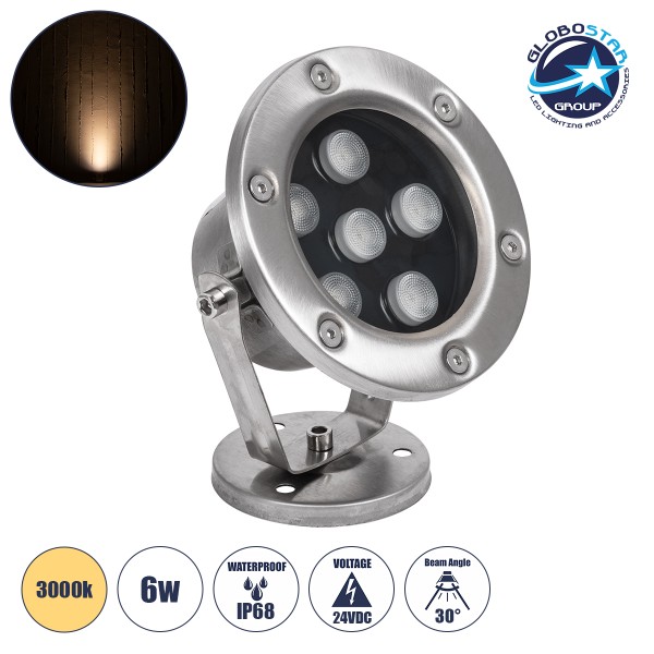 GloboStar® UNDERWATER-DINA 90676 Υποβρύχιο Φωτιστικό Σποτ Ειδικό για Σιντριβάνια LED 6W 660lm 30° DC 24V Αδιάβροχο IP68 Φ12 x Υ14cm Θερμό Λευκό 3000K - Ανοξείδωτο Ατσάλι - 3 Years Warranty