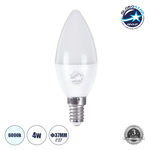 GloboStar® 60000 Λάμπα LED E14 C37 Κεράκι 4W 400lm 260° AC 220-240V IP20 Φ3.7 x Υ10cm Ψυχρό Λευκό 6000K - 3 Years Warranty