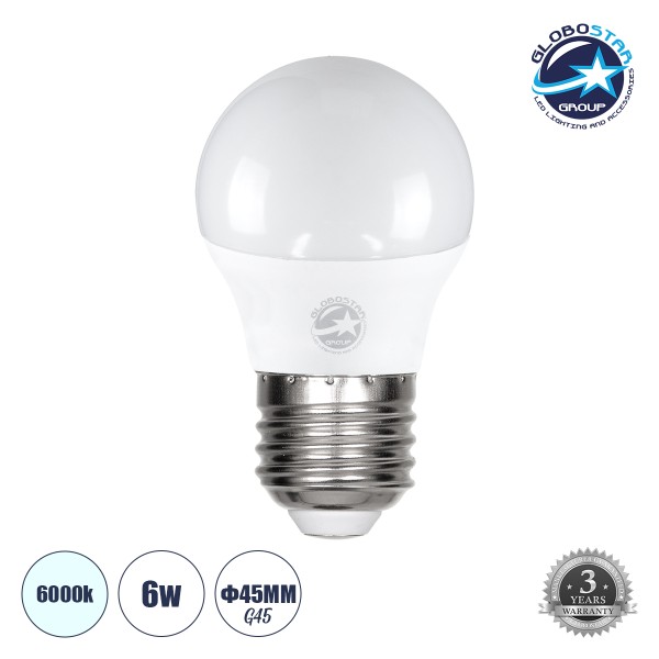 GloboStar® 60021 Λάμπα LED E27 G45 Γλομπάκι 6W 600lm 260° AC 220-240V IP20 Φ4.5 x Υ7.8cm Ψυχρό Λευκό 6000K - 3 Years Warranty