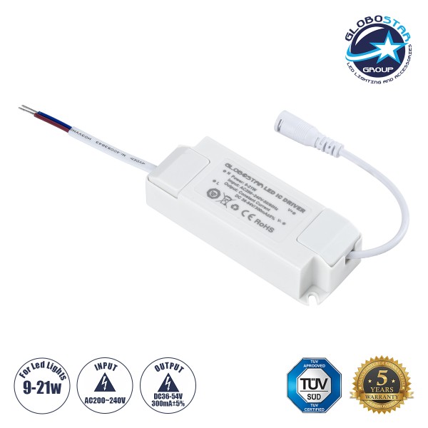 GloboStar® 60222 ABS Πλαστικό Τροφοδοτικό SELV για Προϊόντα LED 9-21W AC 200-240V σε Constant Current DC 36-54V/300mA±5% PF0.95 IP20 M11 x Π4.3 x Υ2.5cm - TÜV Certified Driver - 5 Years Warranty